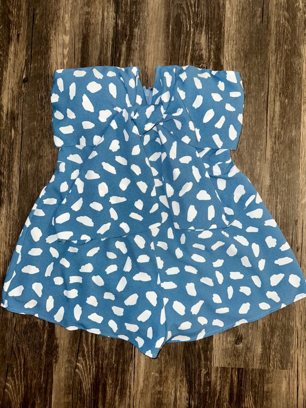 Blue Blush Strapless Blue and White Printed Front Tie Romper